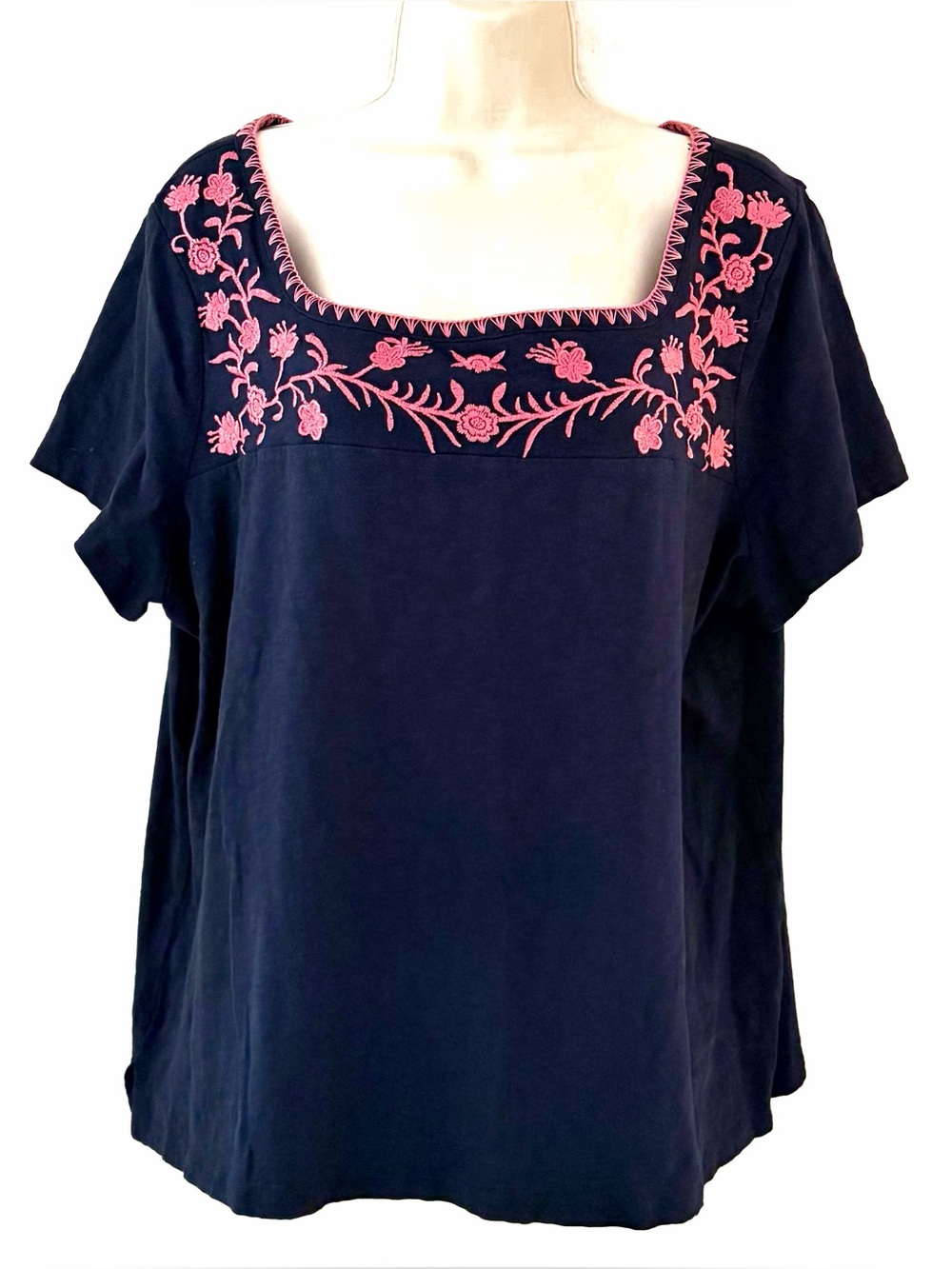 Talbots Navy Top with Pink Floral Embroidery